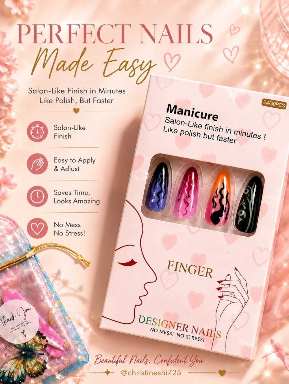 Designer Nails Manicure Set Pink Purple Orange Black